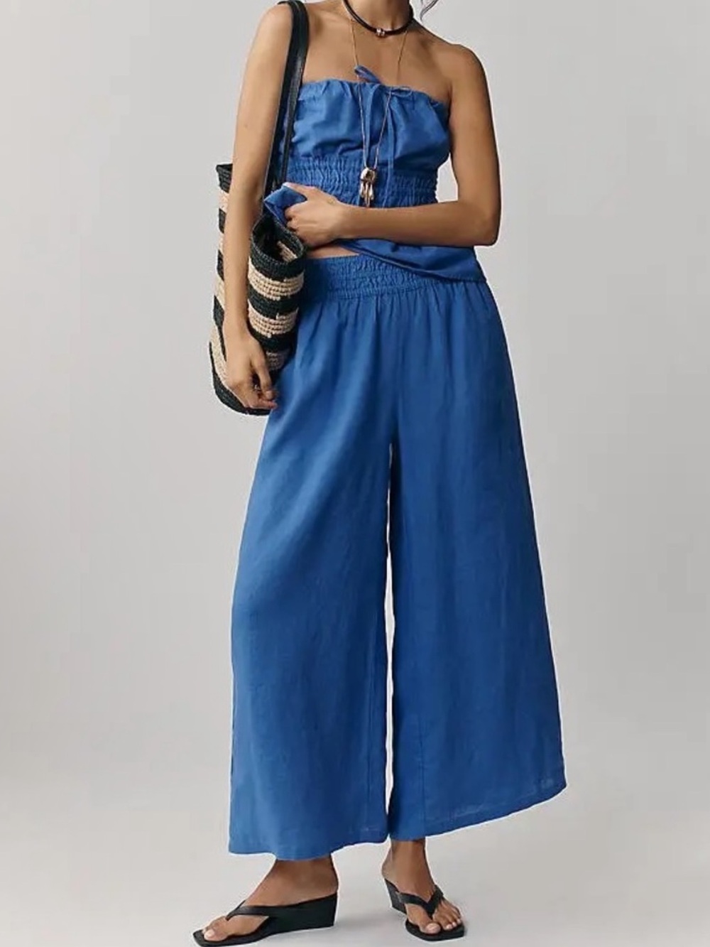 Anthropologie Somerset Cobalt Blue Elastic-Waist Linen Pants, Size S (waist 15+)